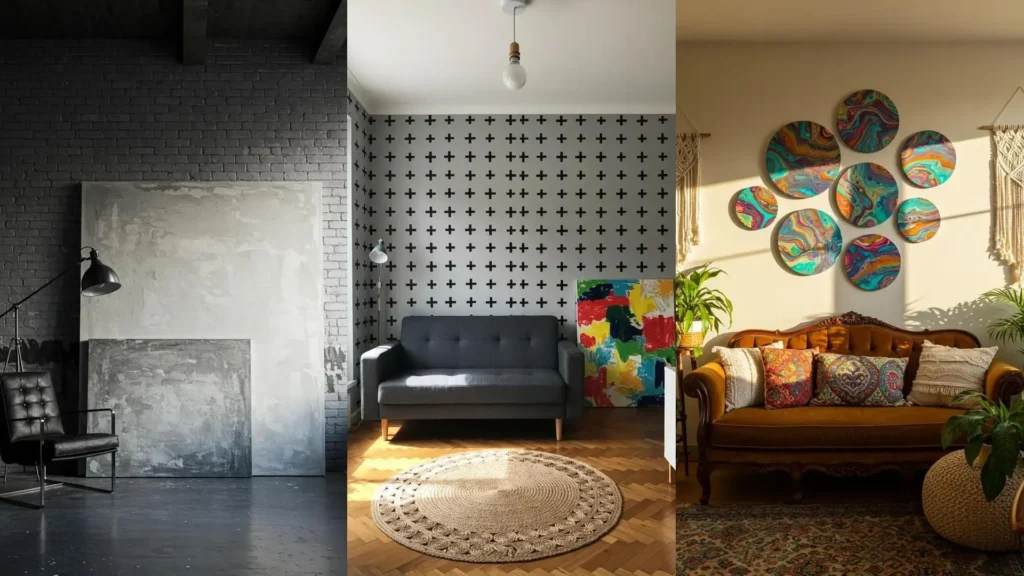 Three stylish rental room ideas showing wall art: abstract canvas, washi tape crosses, and colorful 3D circles.