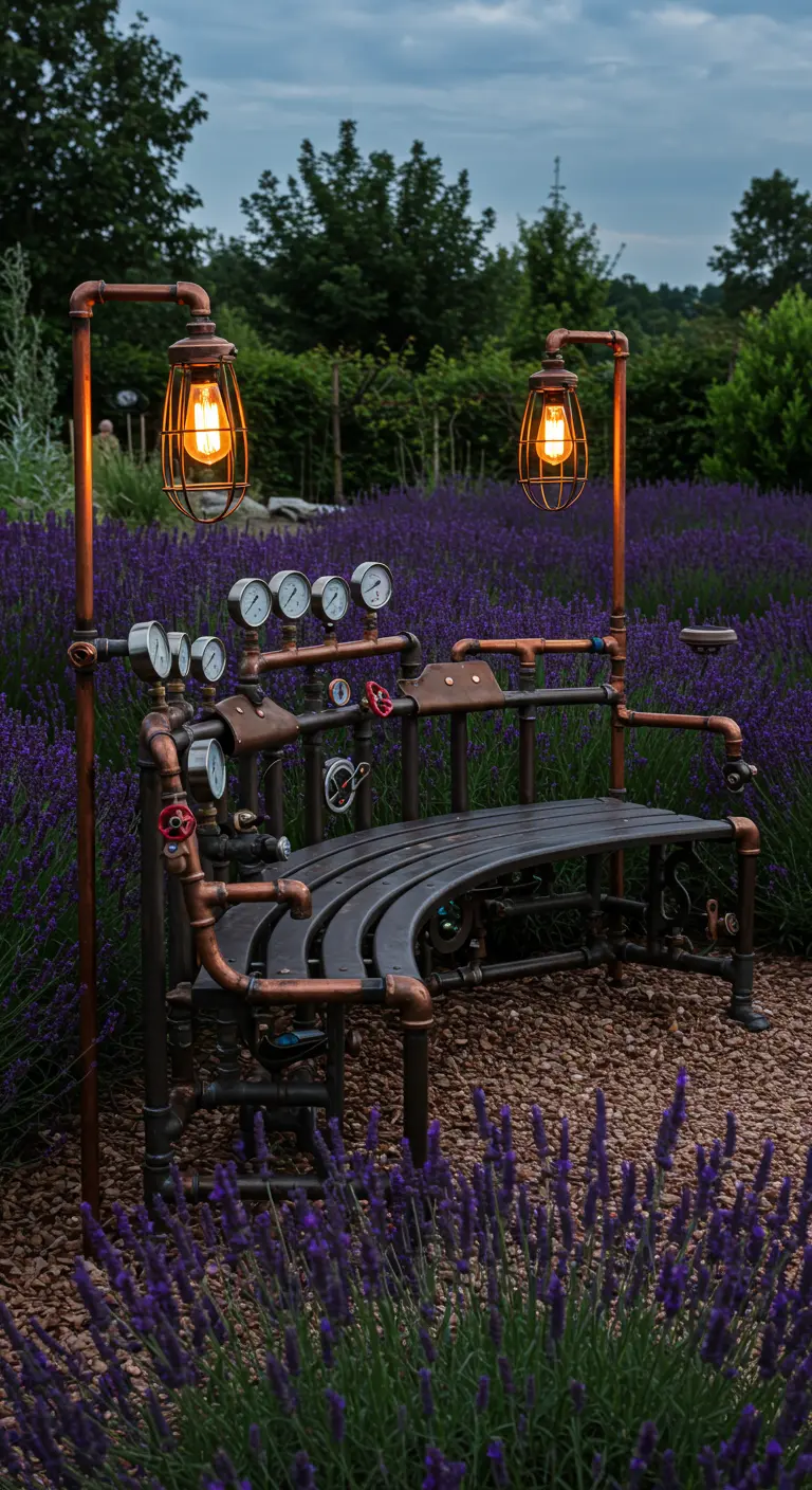 A steampunk-style bench made of pipes and gauges with Edison bulb lanterns.