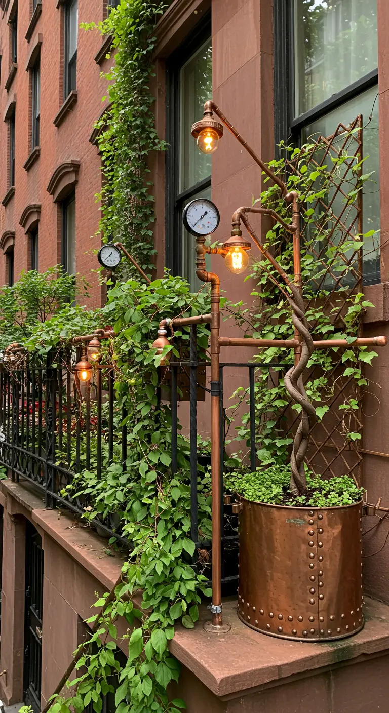 A brownstone window box area with custom copper pipe lighting fixtures and a copper planter.