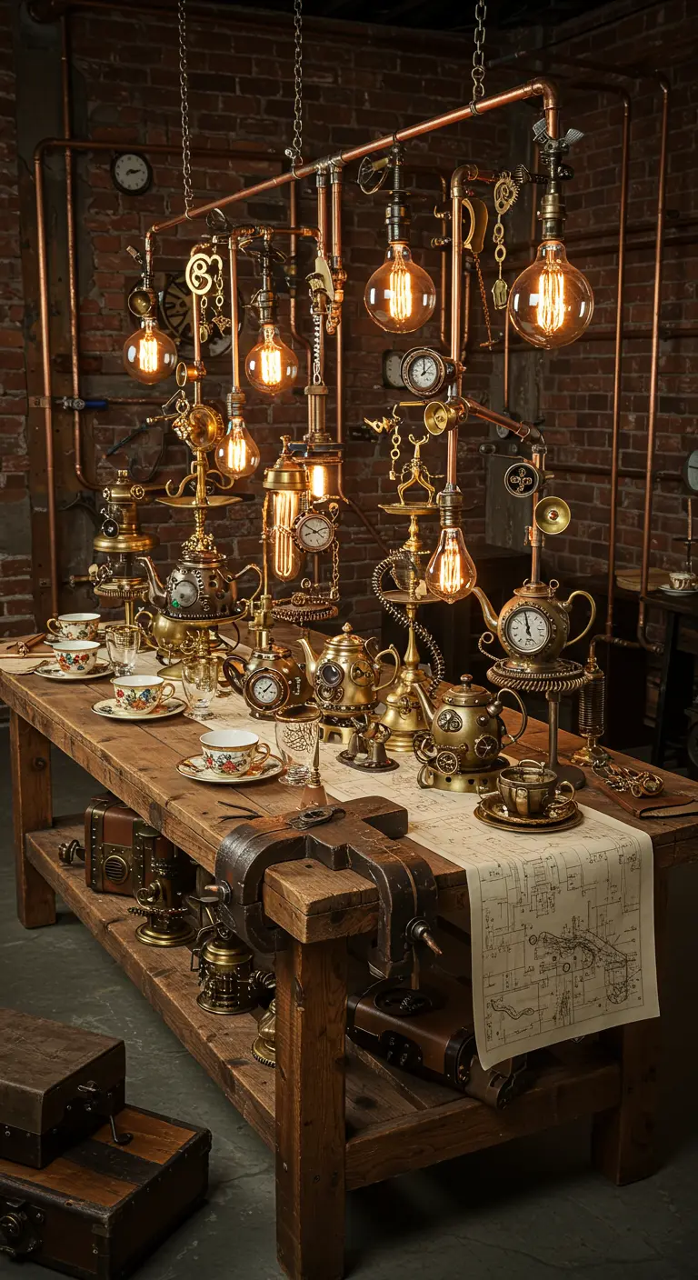 A steampunk-themed tea party on a workbench with copper pipe lighting and gear decorations.