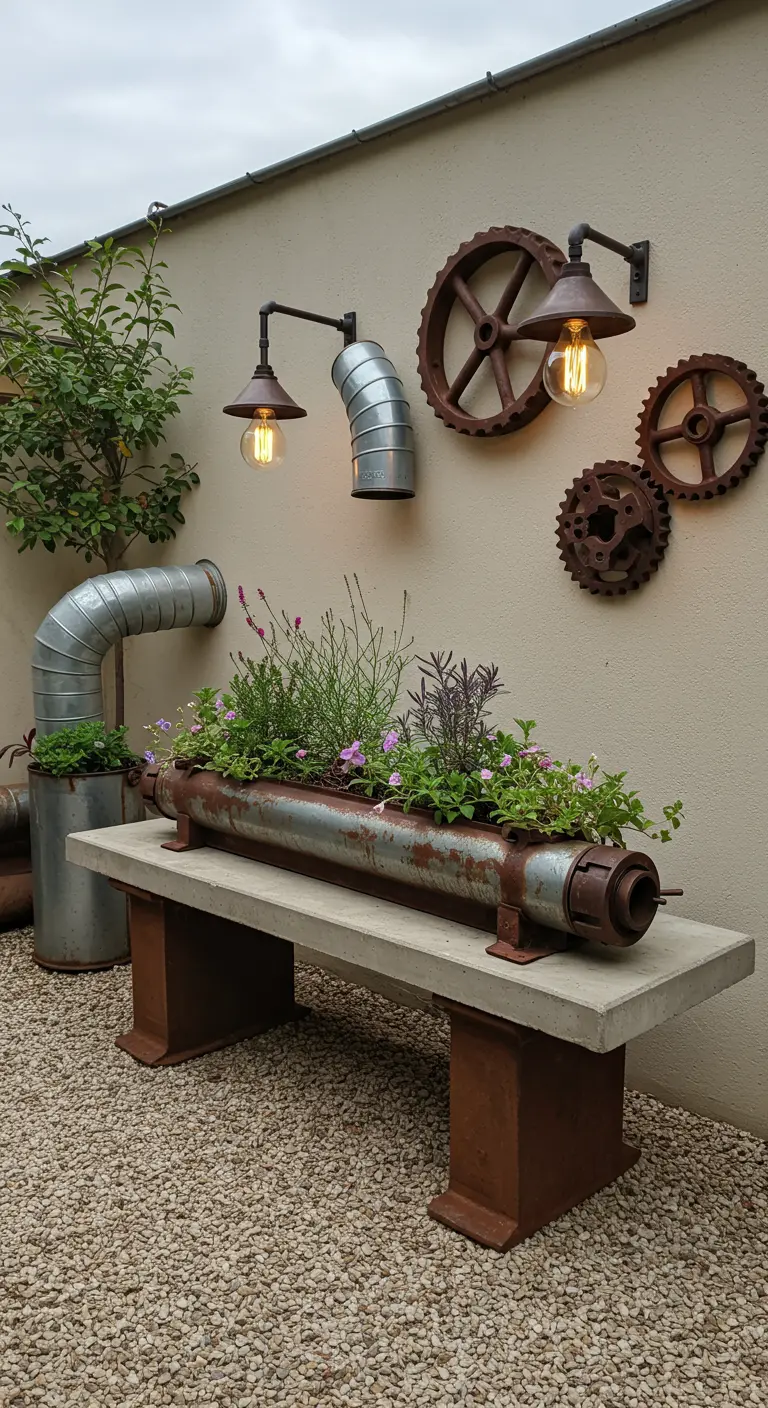 A concrete bench holds a planter made from a rusty pipe, with gears on the wall behind.