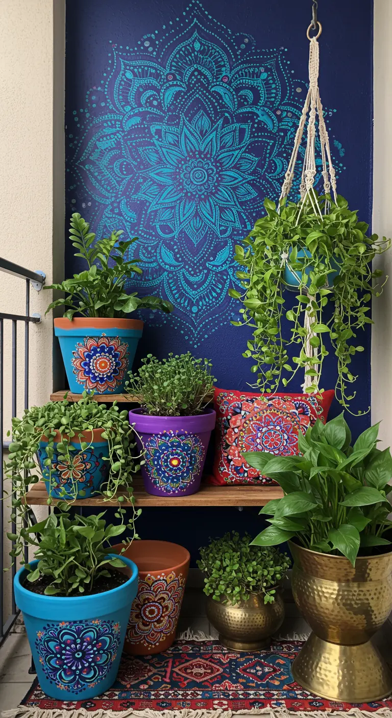 A bohemian balcony with a blue wall featuring a large turquoise mandala stencil and painted pots.