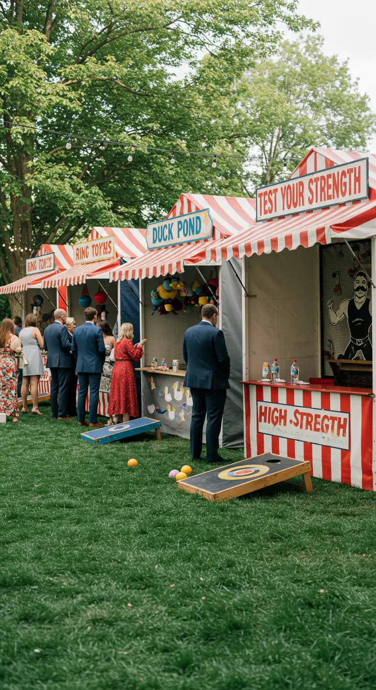 Row of red and white striped carnival game booths on a lawn.