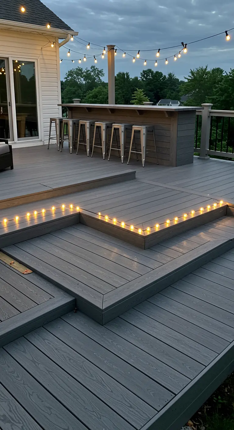 A composite deck with a bar, steel stools, and integrated step lighting.