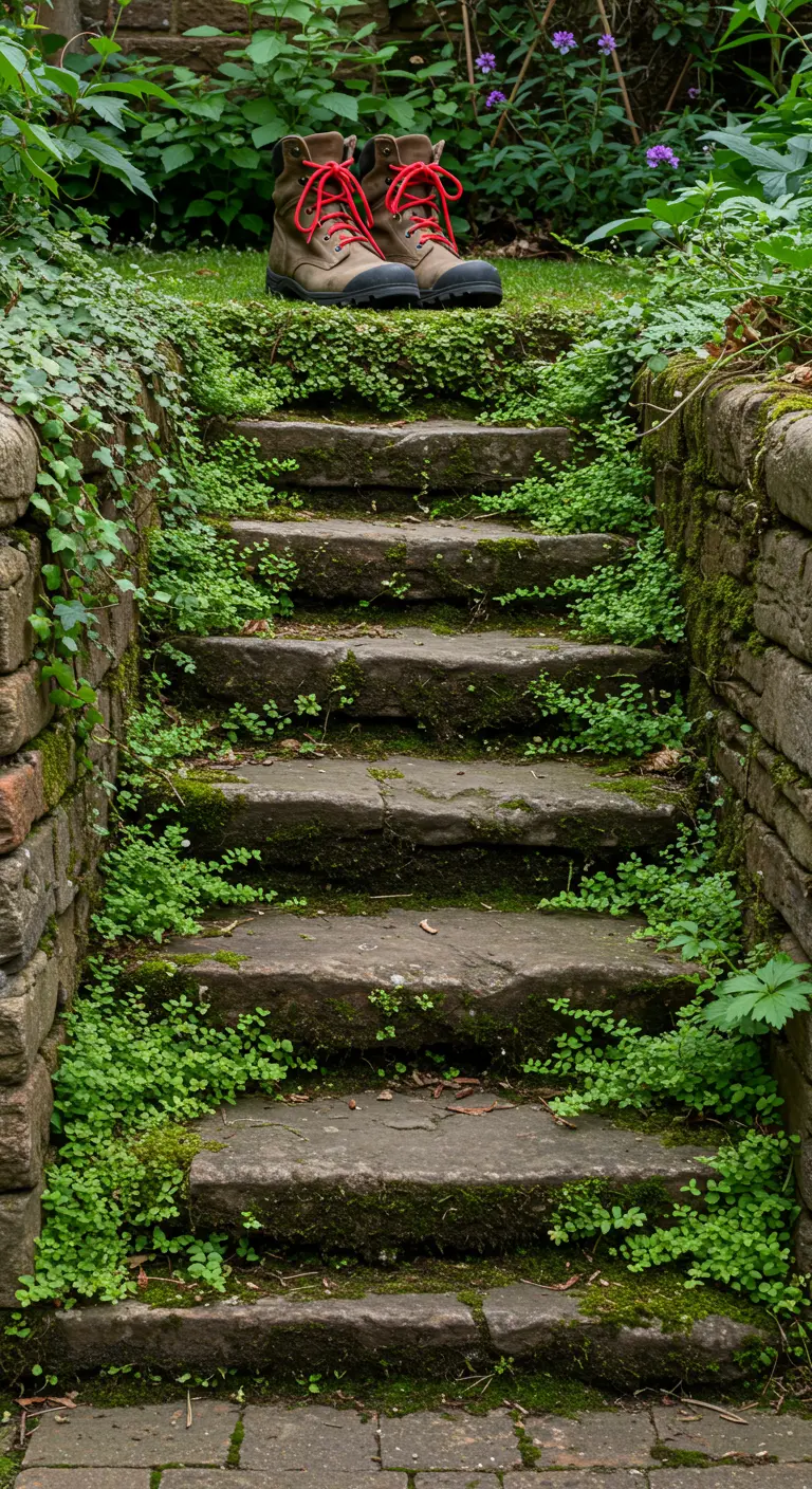 Old stone steps with plants in the cracks, with a pair of hiking boots with red laces at the top.