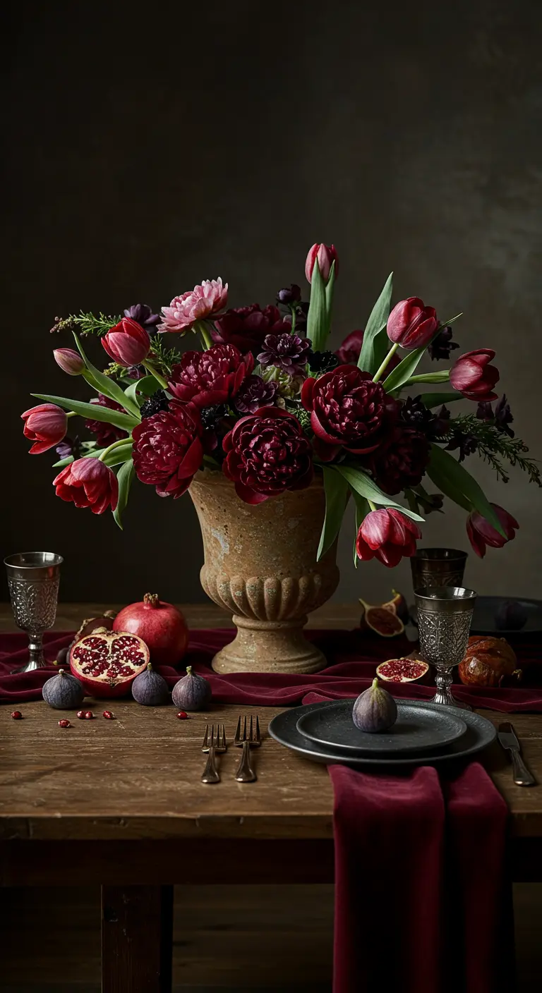 A painterly tablescape with red peonies, pomegranates, and figs on a wooden table.