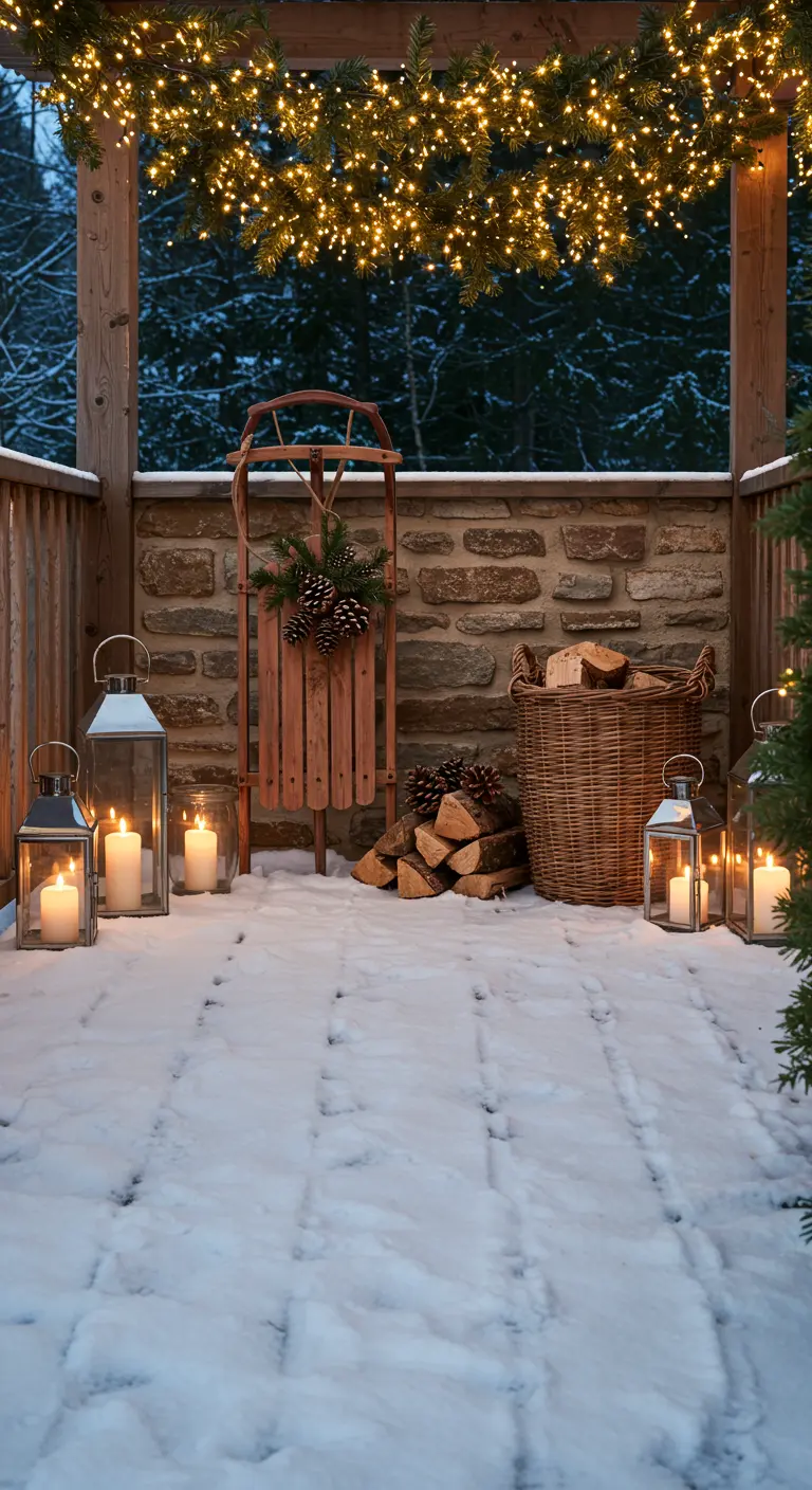 Snowy patio with lanterns, a sled with pinecones, and a wicker basket of firewood.