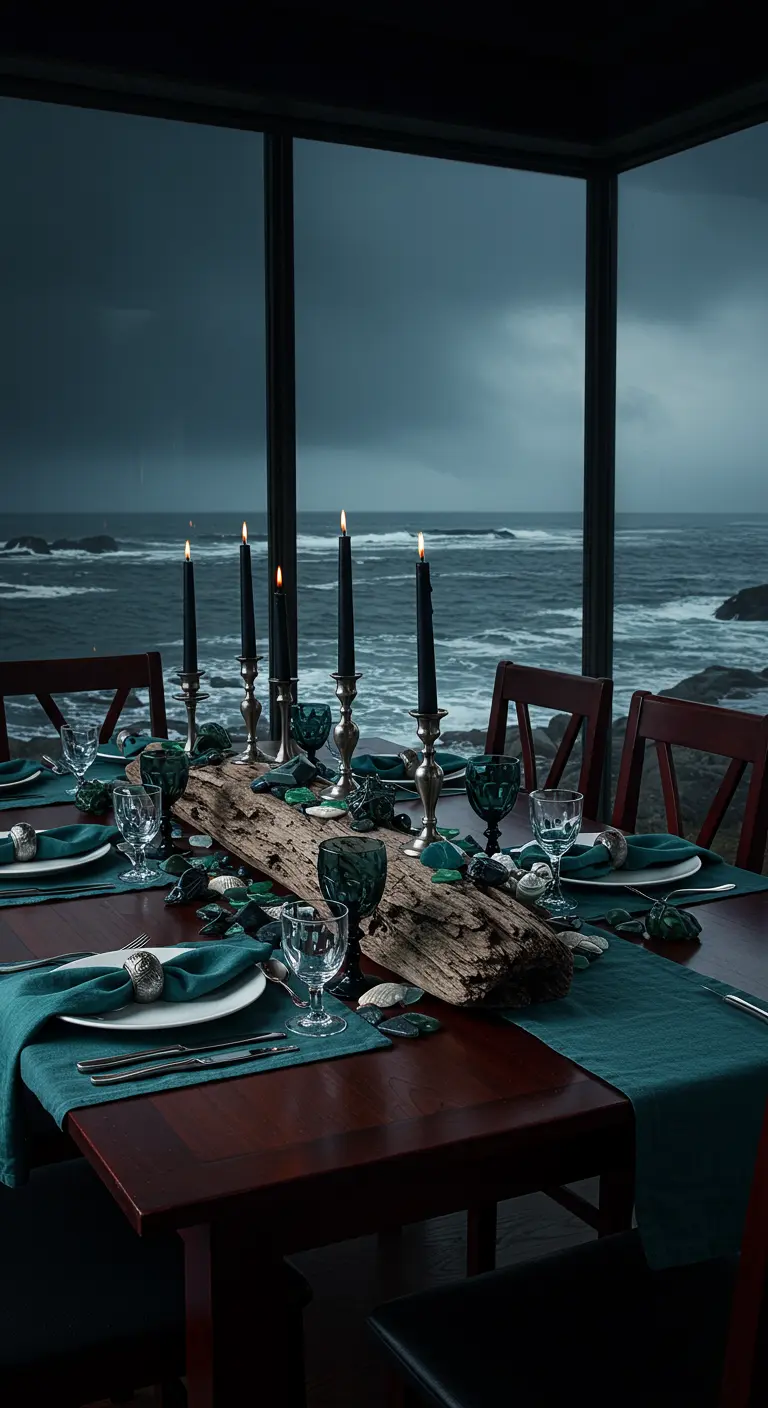 Moody tablescape with dark driftwood, black candles, and a stormy ocean view.