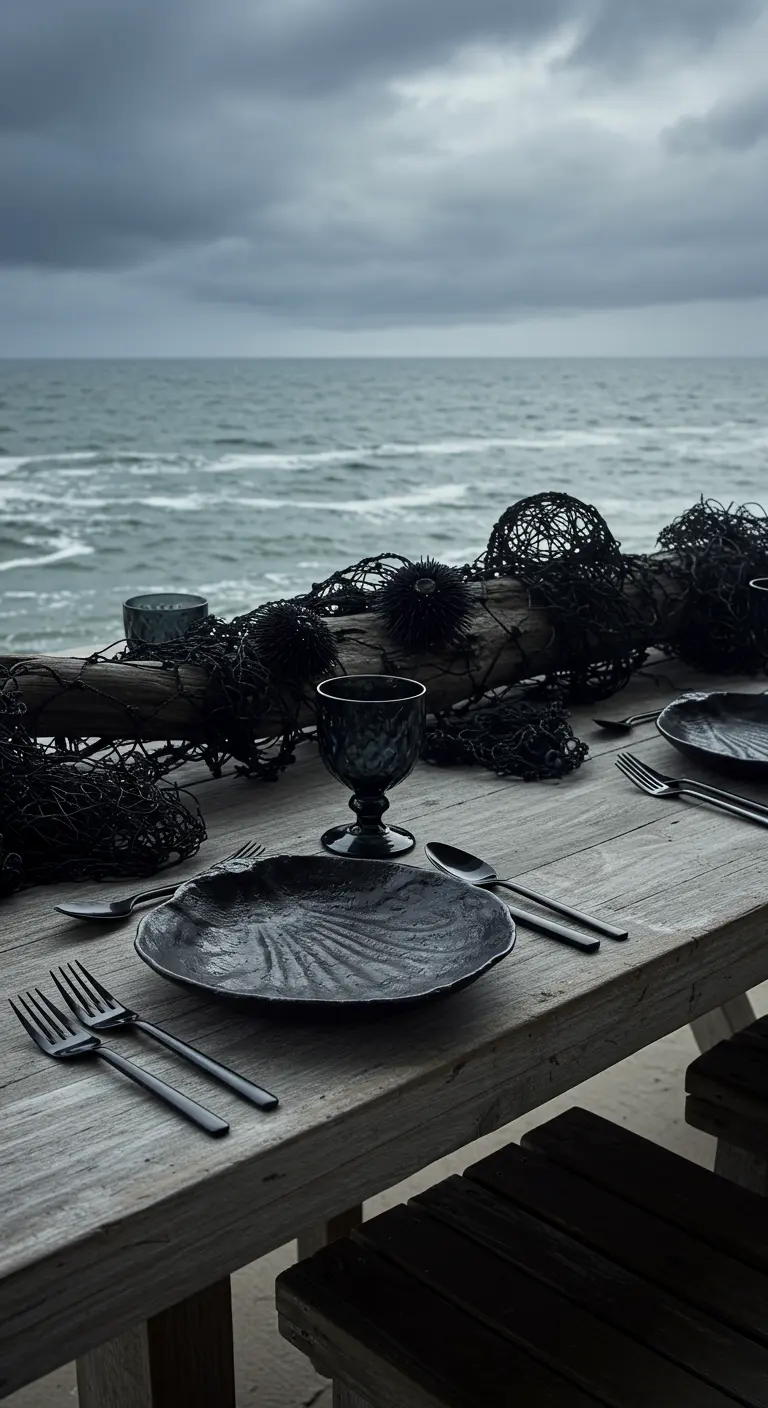 A coastal-themed table by the sea with black fishing nets and urchins as decor.