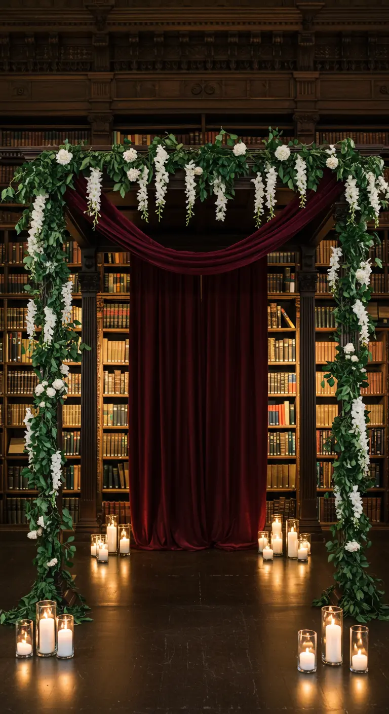 Wedding arch with white wisteria and a velvet drape in a library.