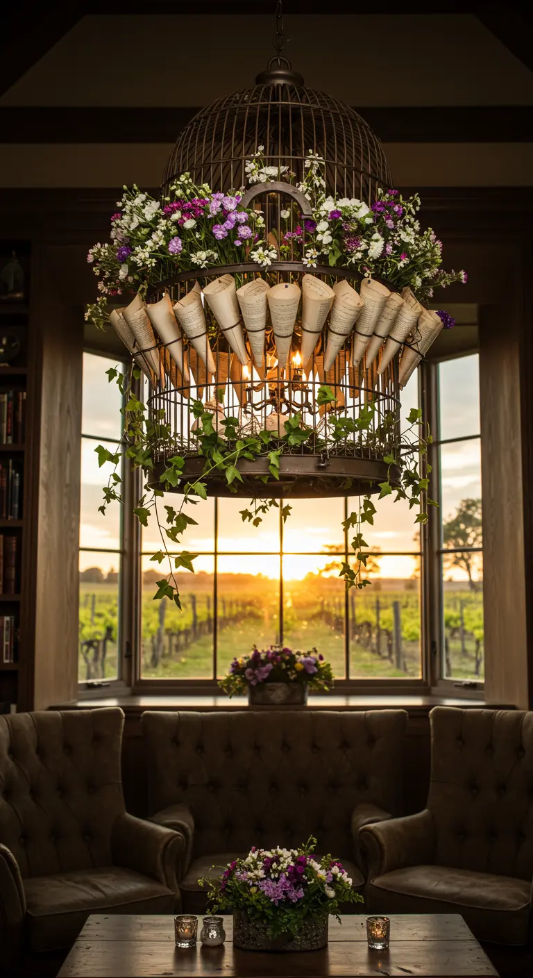 A large birdcage chandelier filled with flowers and paper cones made from book pages.