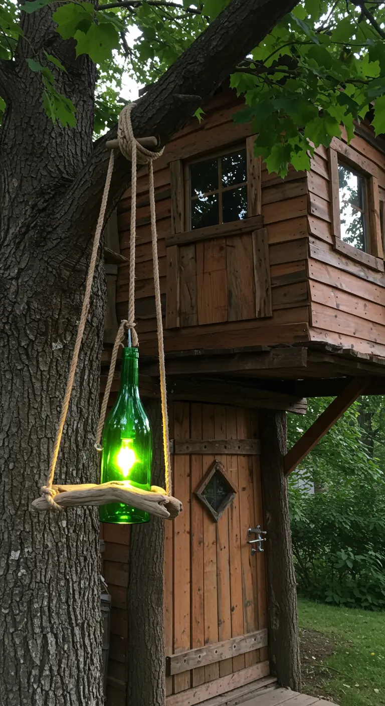 A green wine bottle lantern hanging from a tree branch by a rustic wooden treehouse.