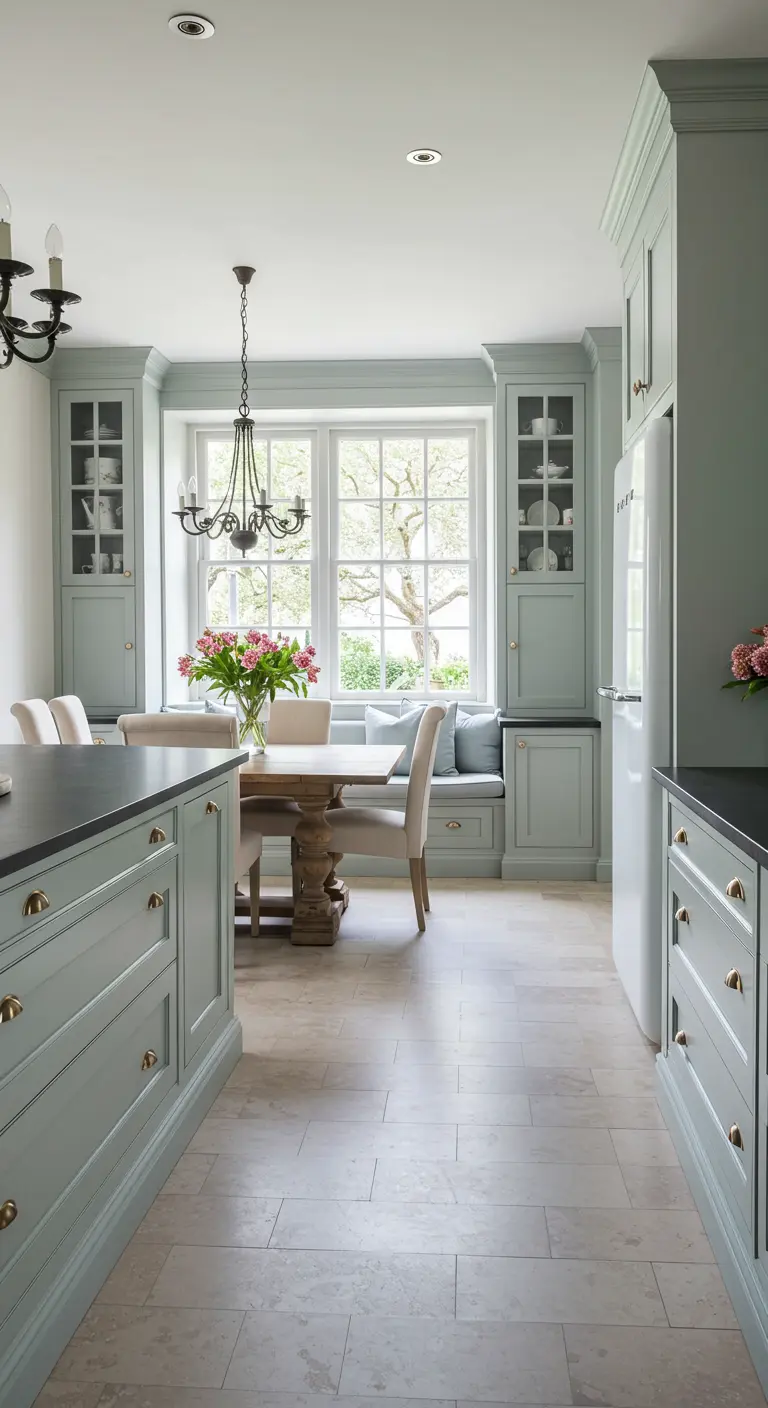 An expansive kitchen with soft green cabinets, a central dining table, and a built-in window seat.