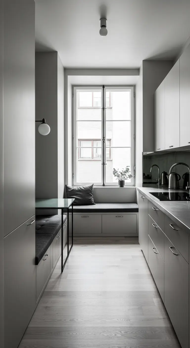 Minimalist grey kitchen with a built-in banquette and glass table.