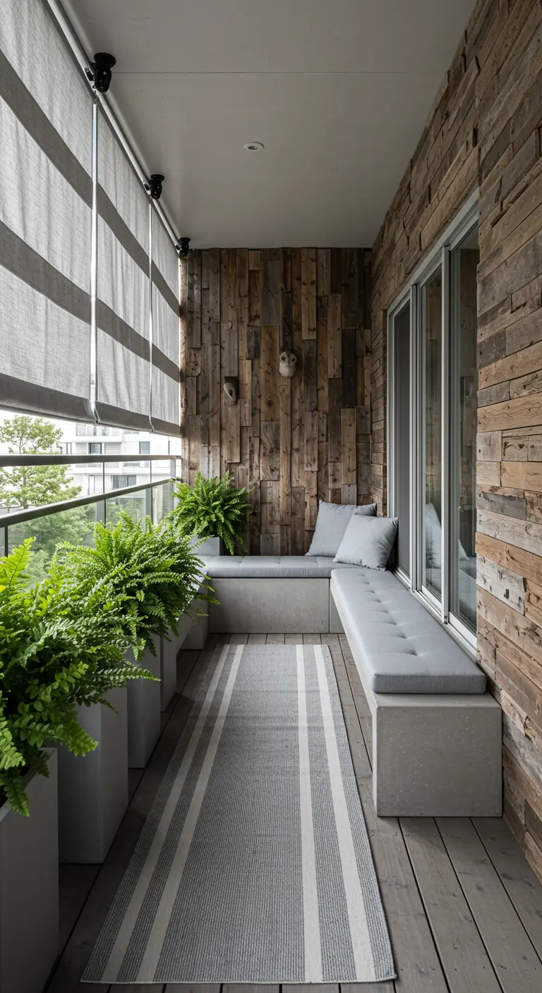A long, narrow balcony with built-in concrete benches and a uniform row of lush ferns.