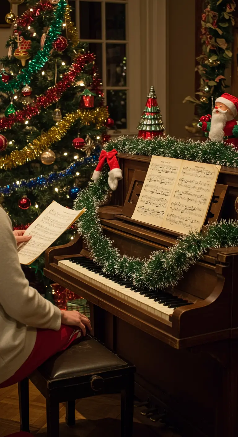 A person sitting at an upright piano decorated with garland and vintage Christmas sheet music.