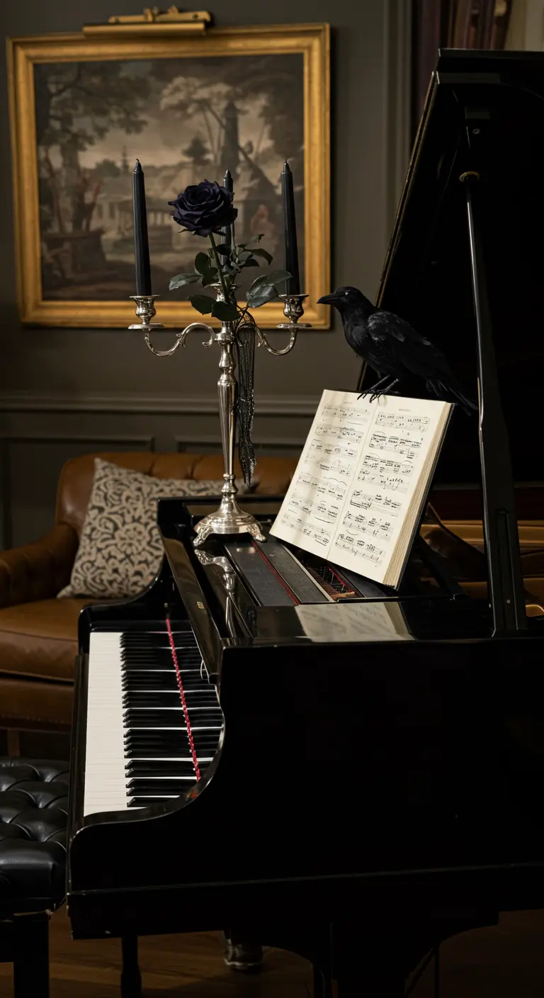 A black crow and a candelabra with a black rose sitting on a grand piano.