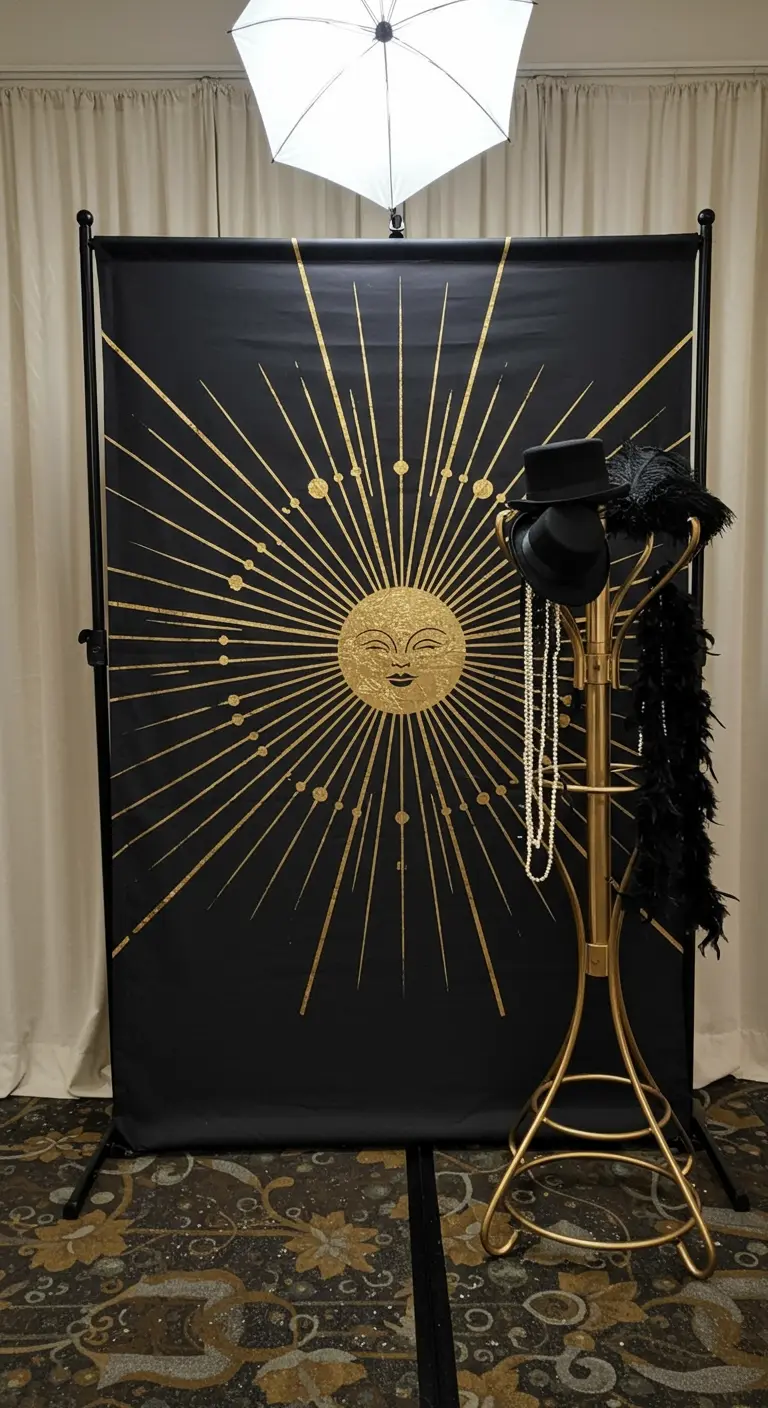 An Art Deco photo booth with a gold sunburst backdrop, a hat rack with props, and studio lighting.
