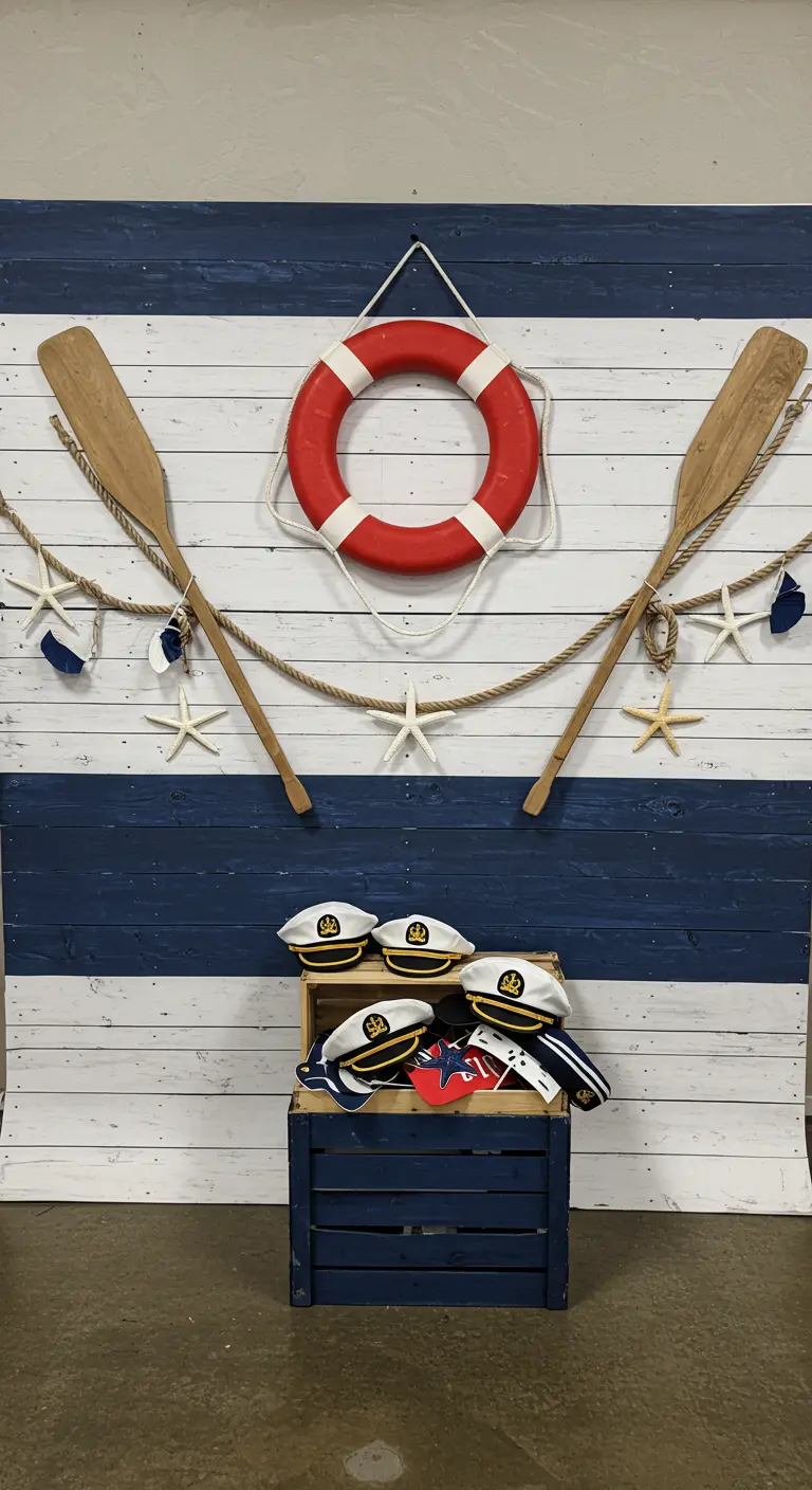 Nautical photo booth with a striped backdrop, oars, life preserver, and captain's hats.
