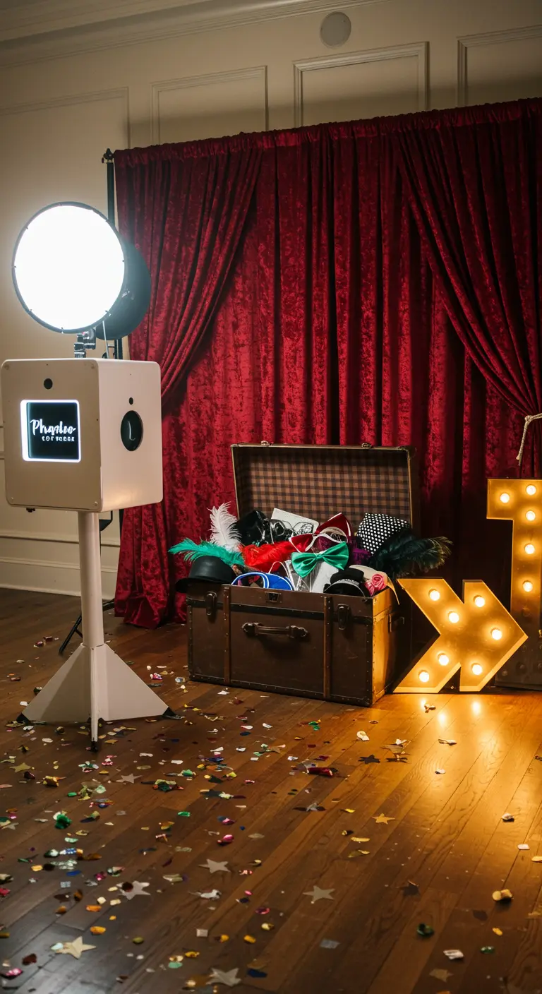 Photo booth with red curtain, vintage trunk of props, and marquee letter.