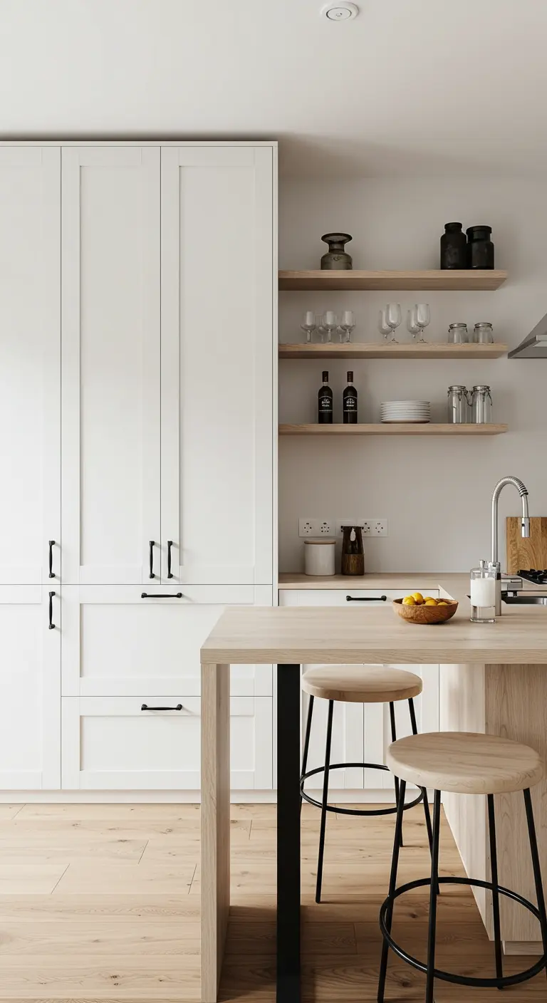 Kitchen with tall white cabinets, open wood shelves, and a simple wood island with stools.