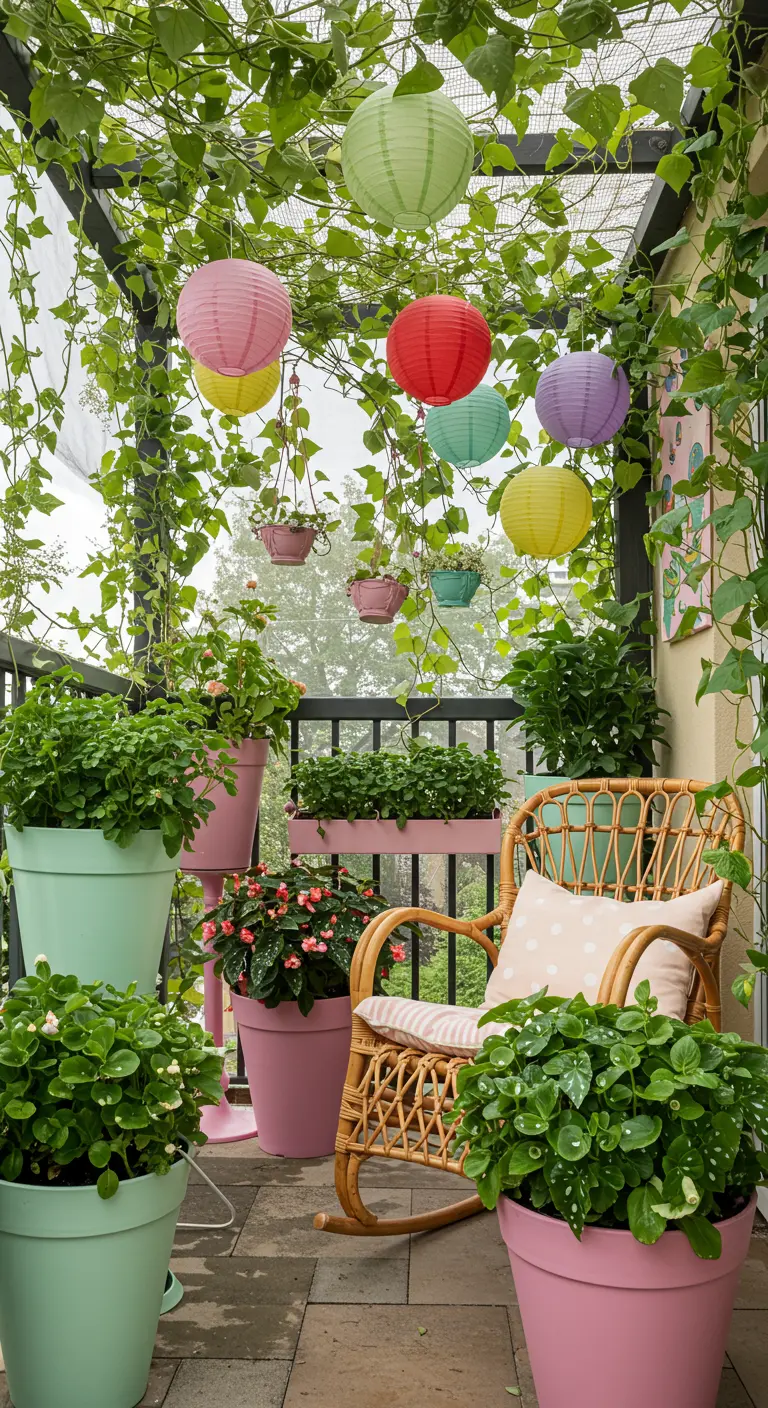 A joyful balcony with colorful paper lanterns hanging from a vine-covered pergola.