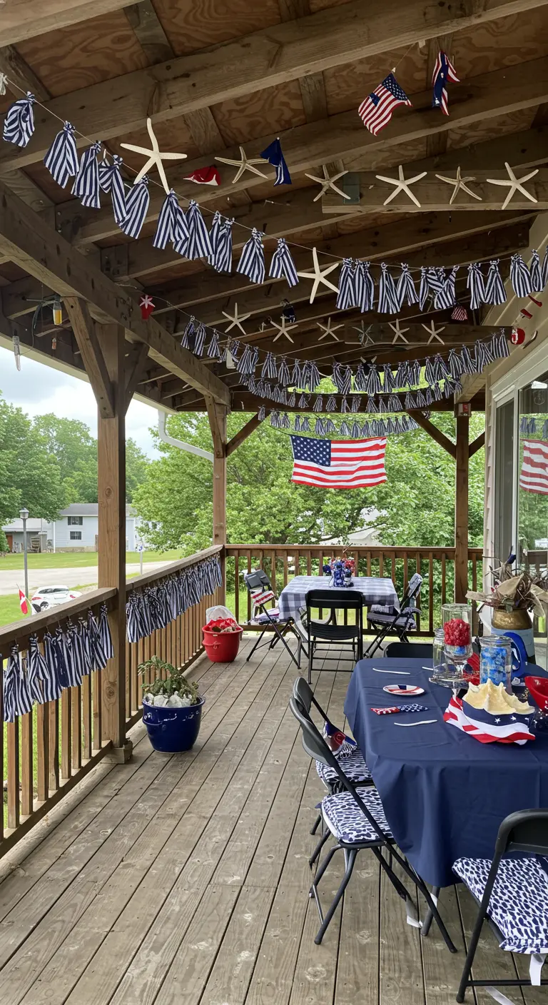 A rustic wooden porch decorated with layered garlands of American flags and white starfish.