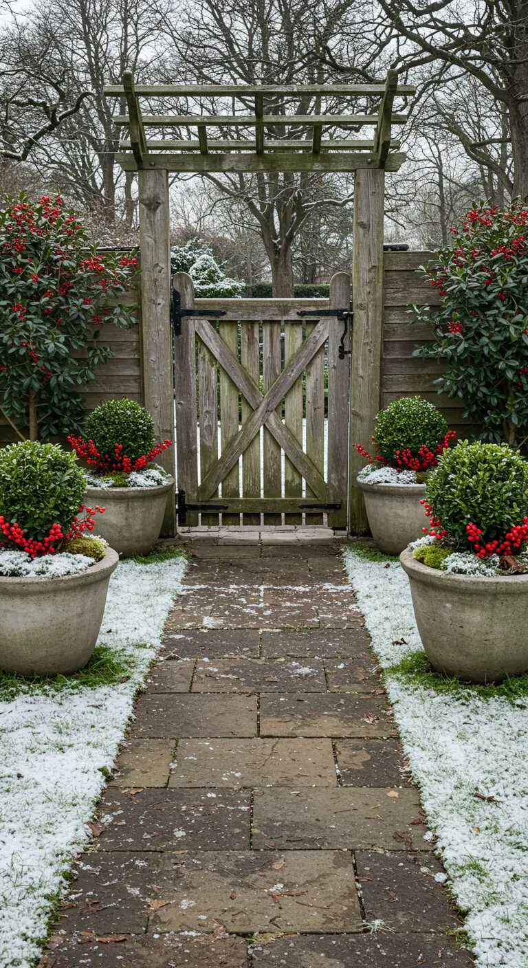 A wooden garden gate flanked by concrete pots with boxwood globes and red berries.