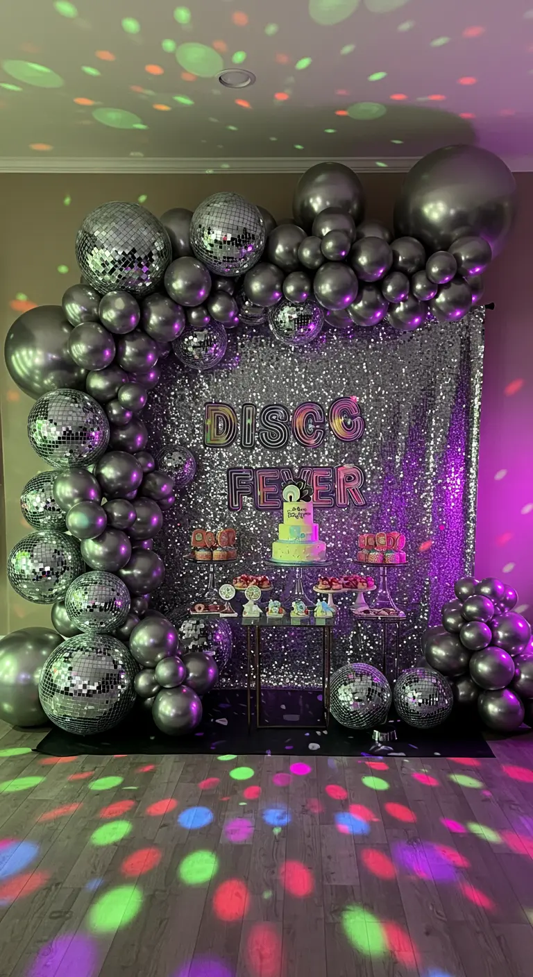 A silver disco-themed balloon arch with mini disco balls and a sequin backdrop.