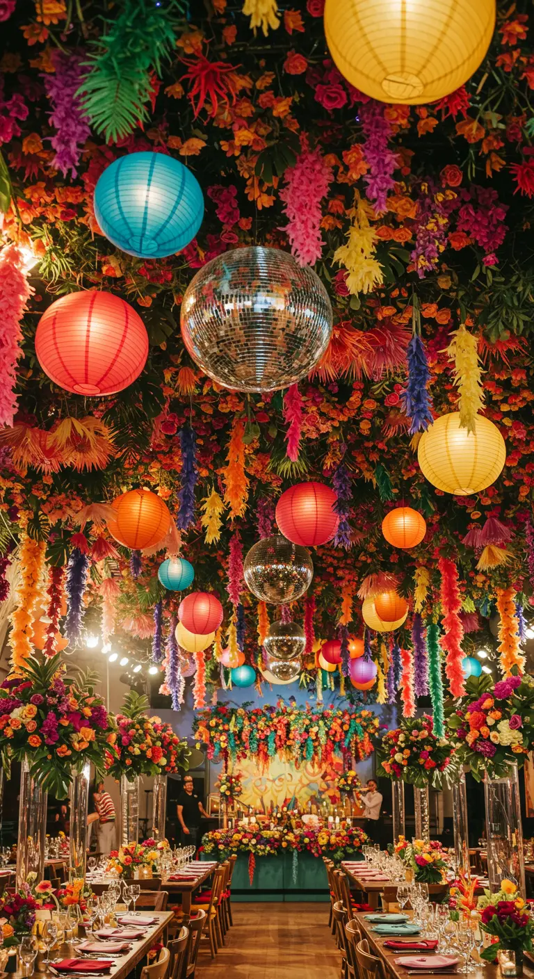 A ceiling completely covered in colorful flowers, fringe, paper lanterns, and disco balls.