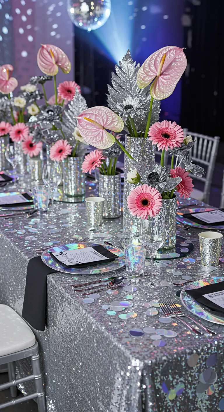Silver sequin tablescape with pink flowers, holographic plates, and a disco ball.