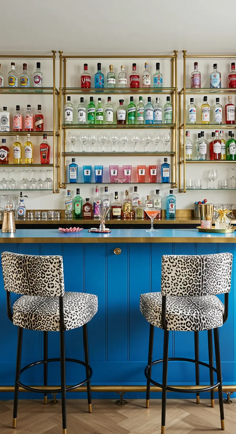 Home bar with a blue base, leopard print stools, and open brass and glass shelves.