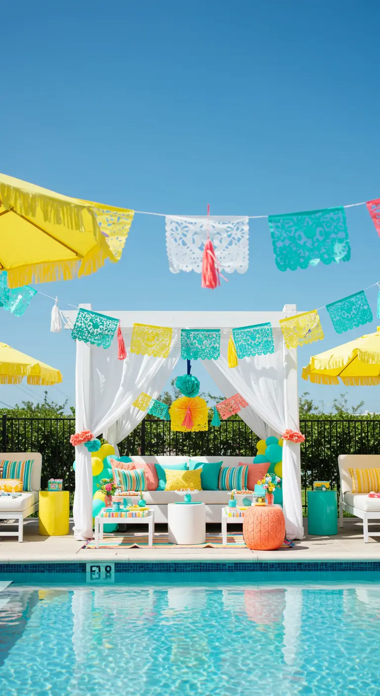 A poolside cabana decorated with turquoise, yellow, and white papel picado banners and tassels.