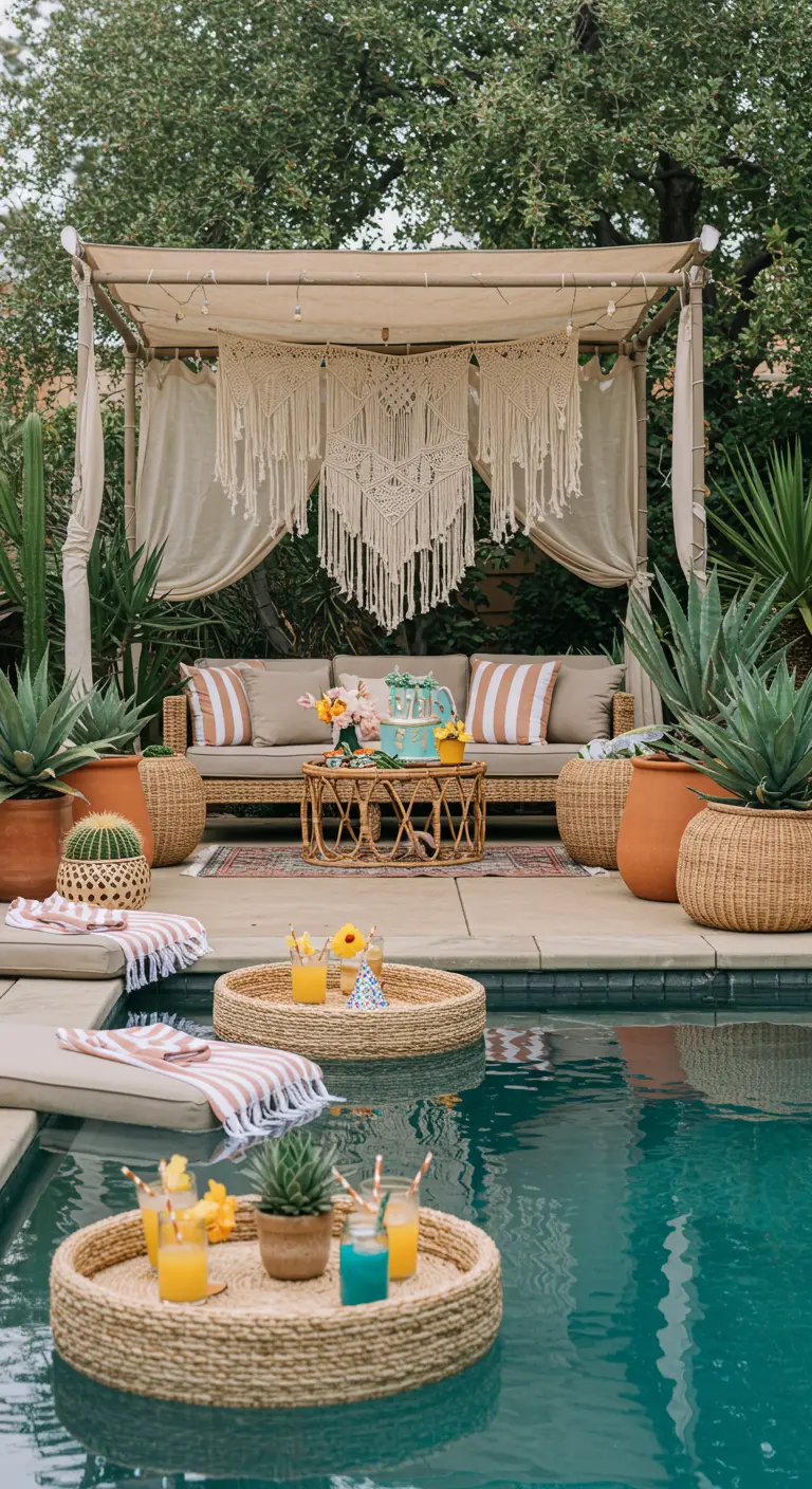 A poolside cabana with macrame hangings, and floating trays with drinks in the water.