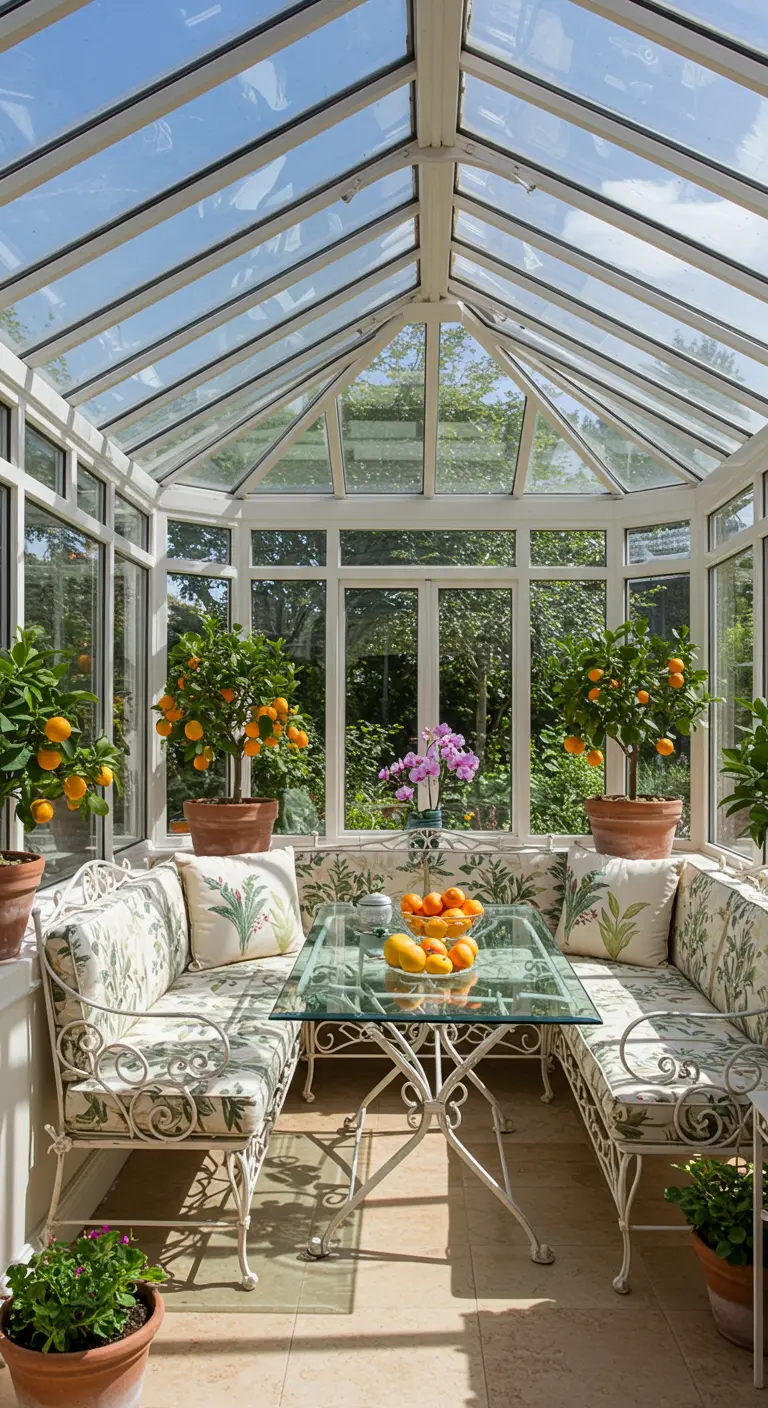 A conservatory breakfast nook with white wrought-iron benches and potted citrus trees.