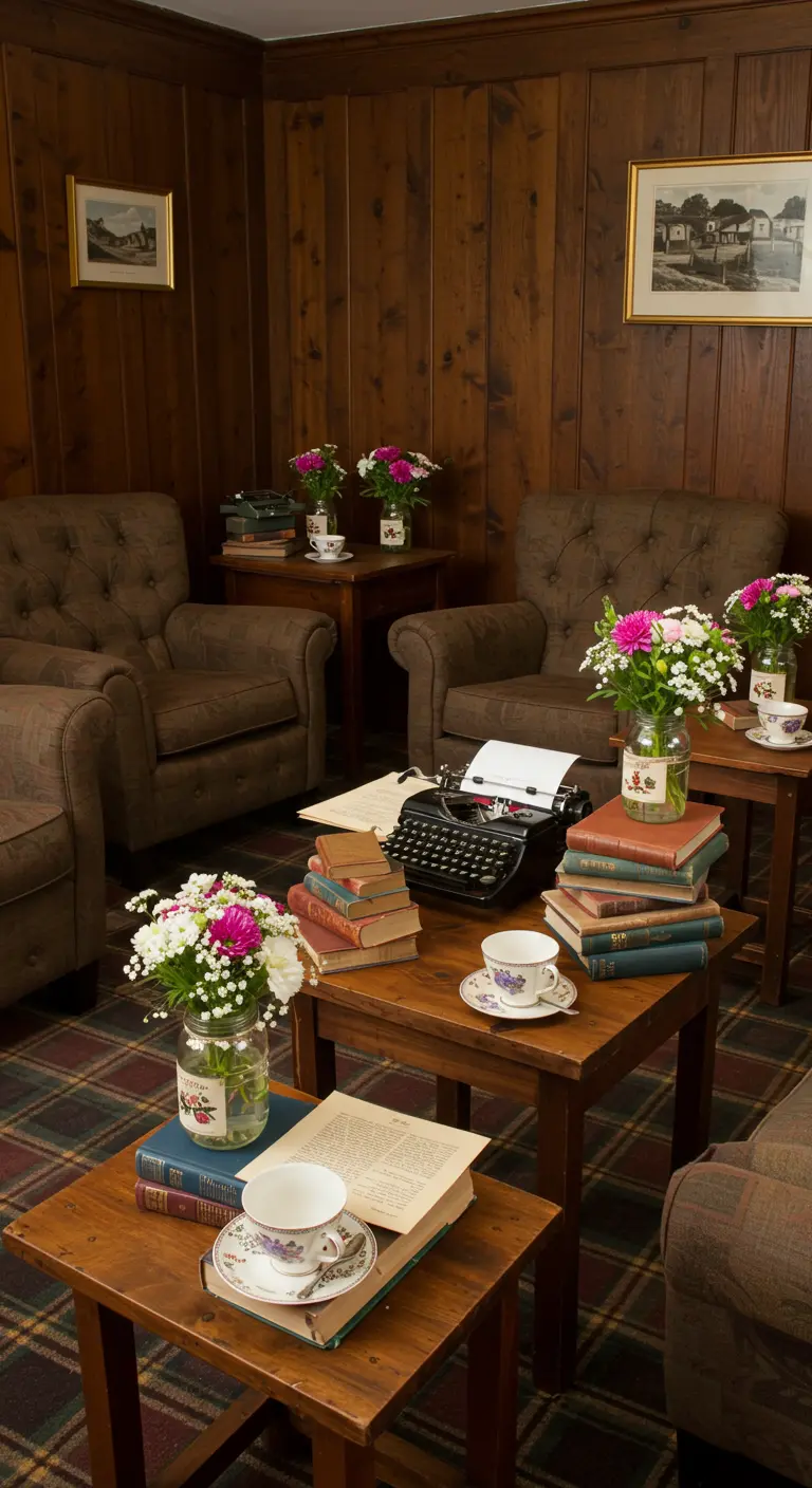 A cozy reading nook with a typewriter, stacked books, and flowers in jam jars.