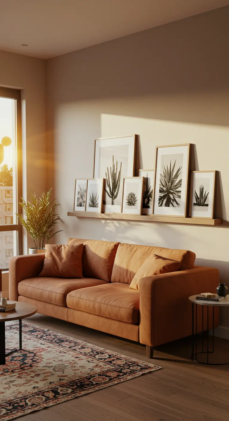 A picture ledge above a terracotta sofa displays a collection of black and white cactus prints.