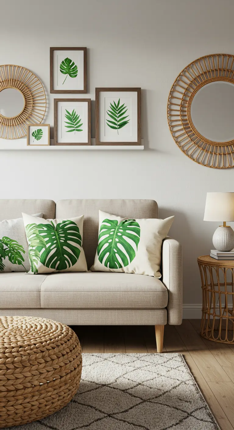 A floating shelf above a sofa displaying a collection of framed monstera leaf prints.