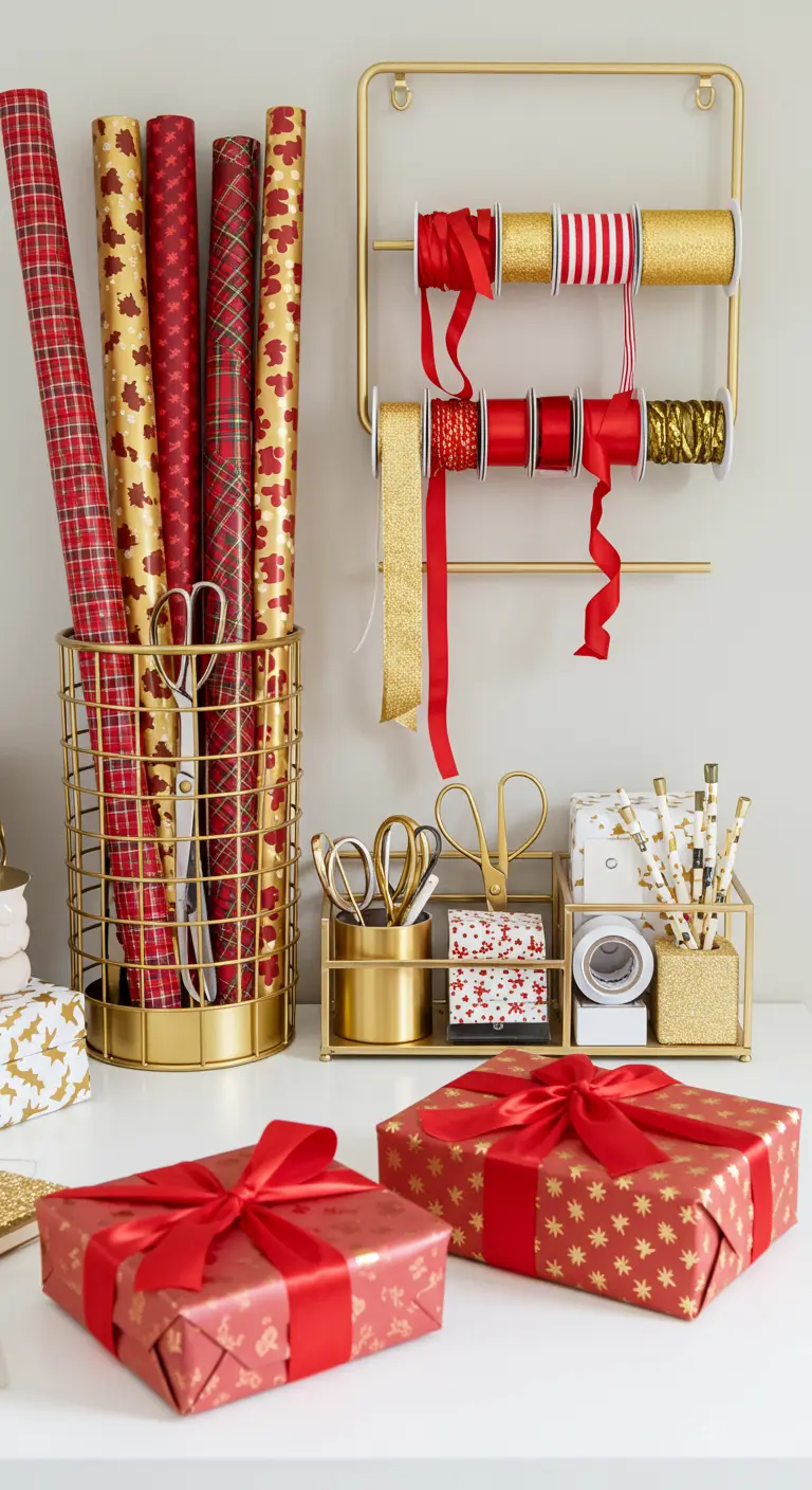 A stylish gift-wrapping station with gold organizers for paper, ribbons, and scissors.