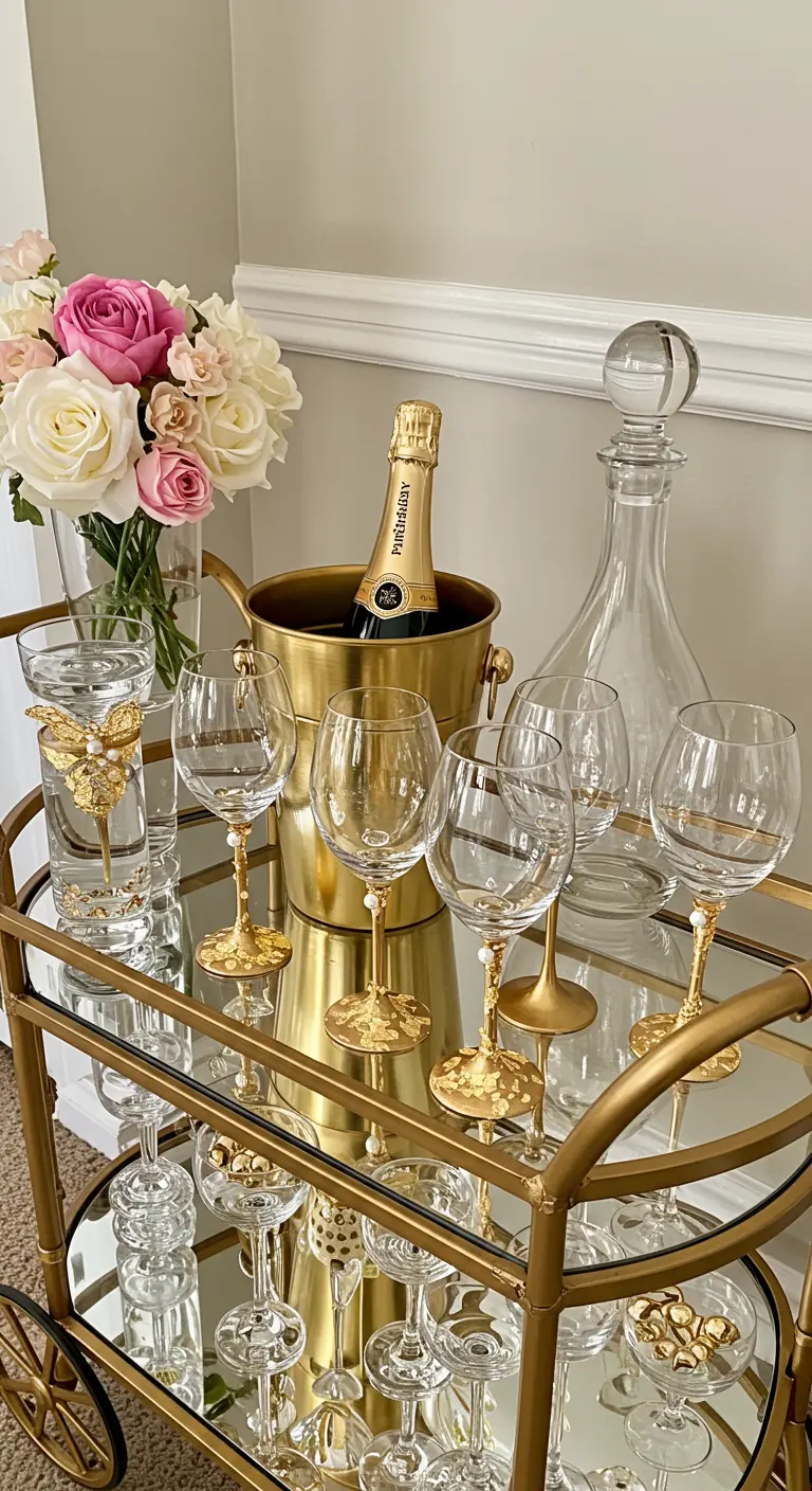 A gold bar cart styled with gold-rimmed glassware, a champagne bucket, and a vase of roses.