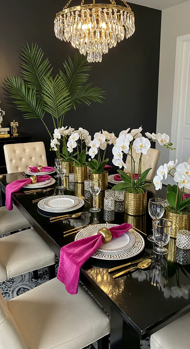 A glamorous dining table with a black surface, fuchsia velvet napkins, and white orchids in gold pots.