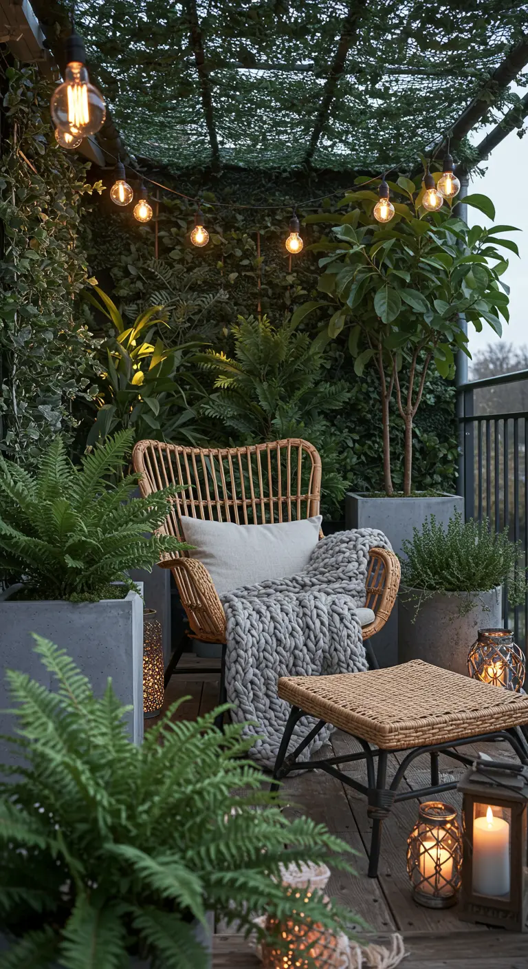 A cozy balcony corner with a rattan chair, chunky knit blanket, lanterns, and ferns.