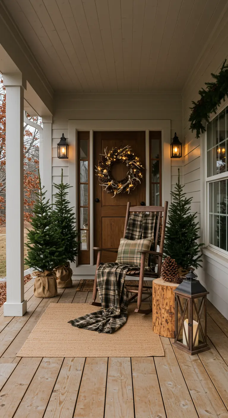 Rustic porch with a rocking chair, plaid blanket, and a lit wreath with antlers.