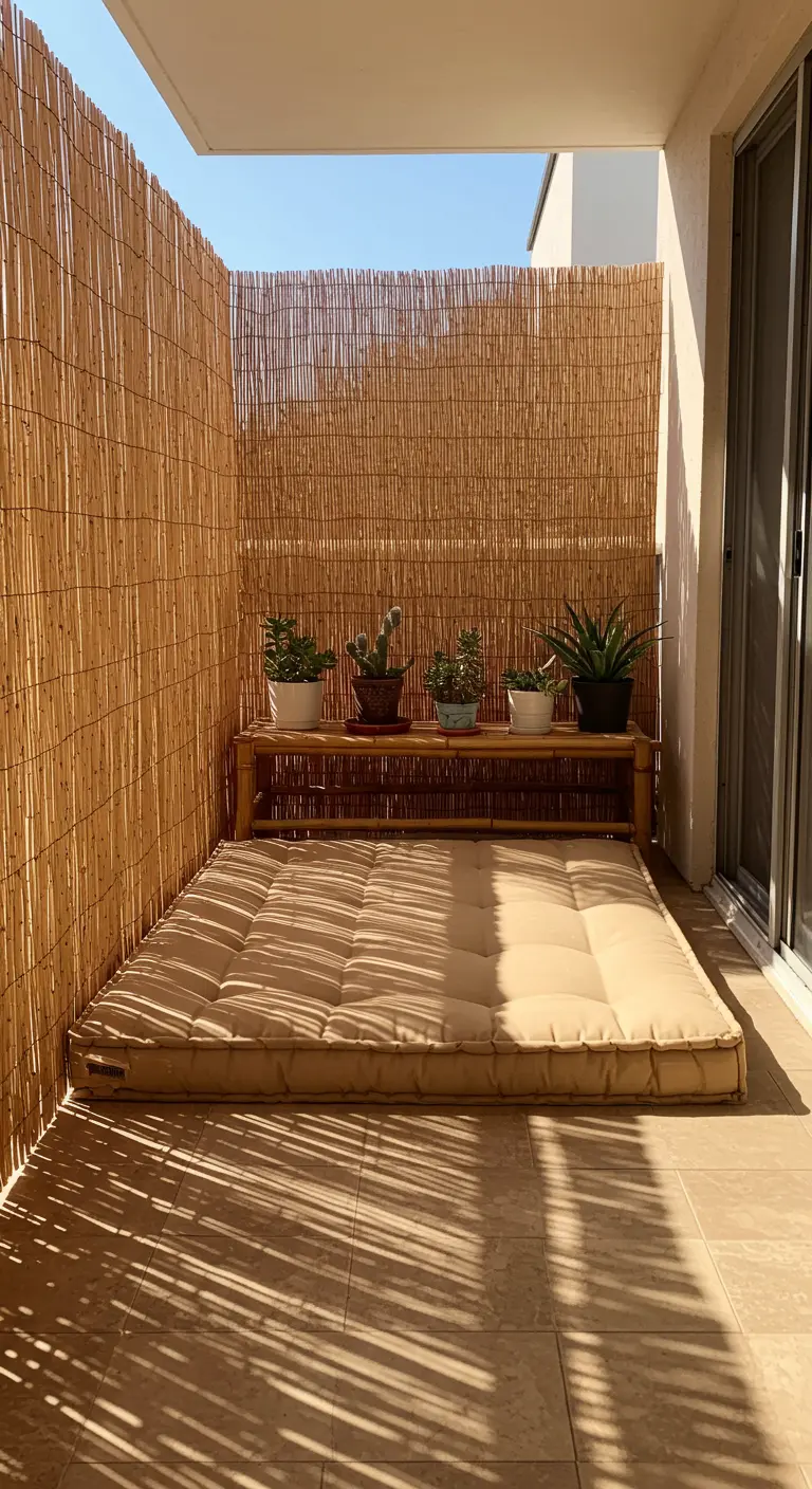 A balcony daybed made from a floor futon, set against a bamboo screen with potted succulents.
