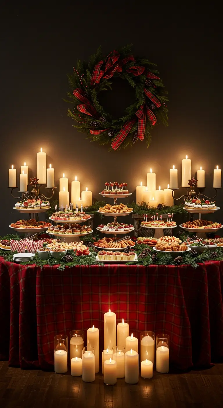 A dramatic dessert table with a red plaid cloth, dozens of candles, and a large wreath.