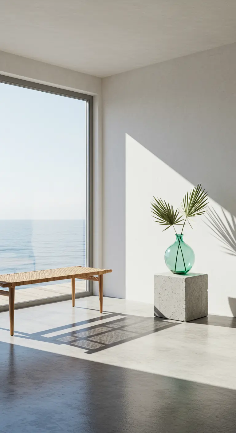 Minimalist corner with a woven bench, a concrete block, and a seafoam green glass vase.