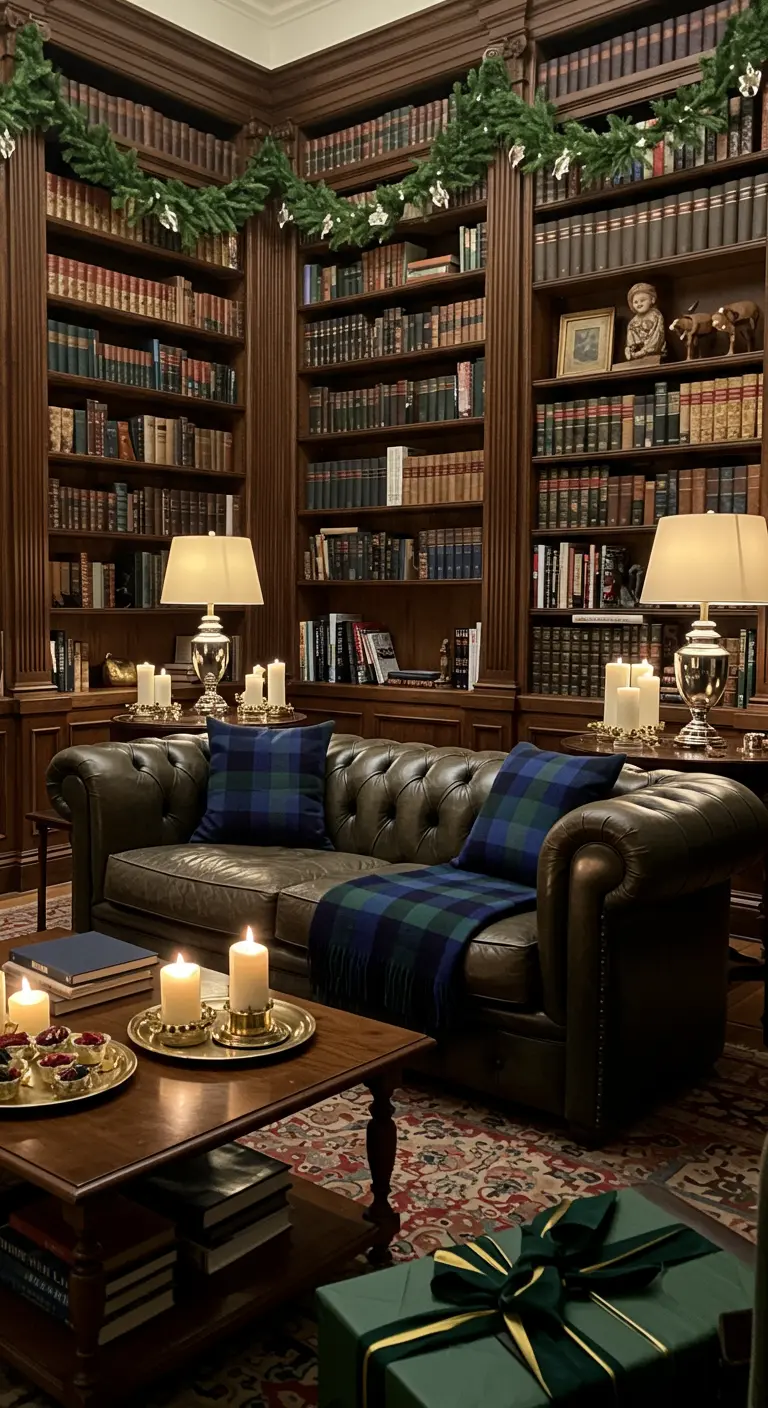A classic library with a leather sofa, plaid pillows, and garlands on the bookshelves.