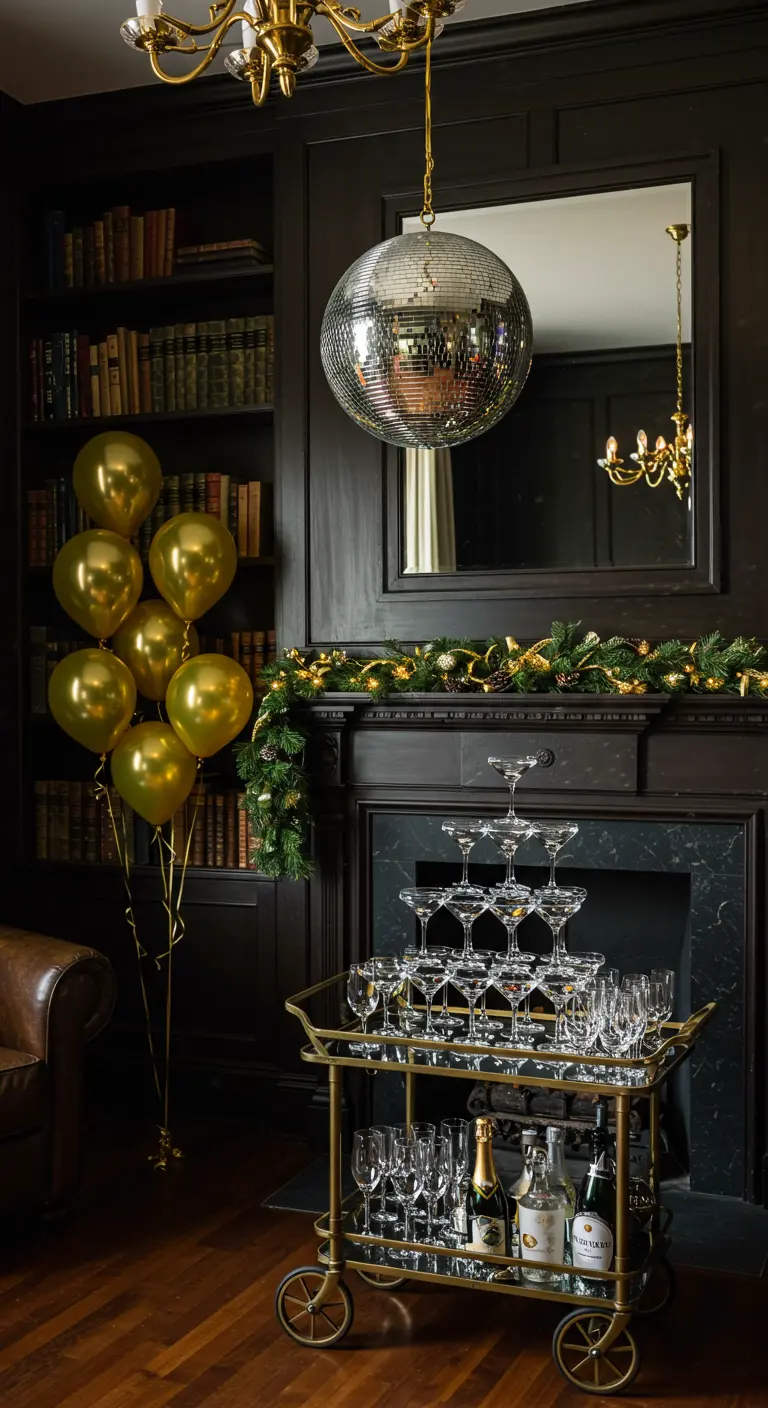 A gold bar cart with a champagne tower and balloons next to a fireplace in a dark, moody library.