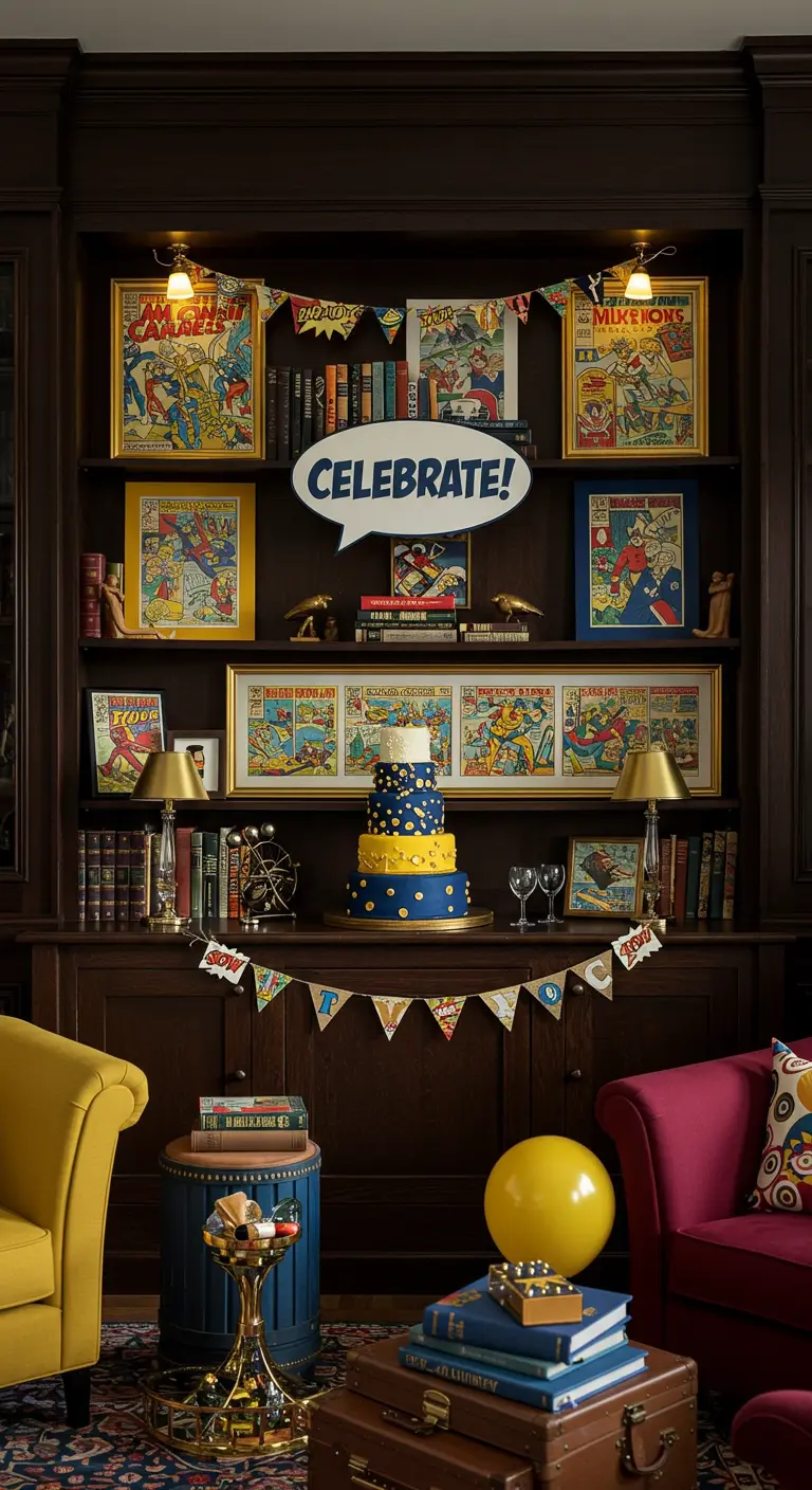 Bookshelf decorated with framed comic books and a party cake.