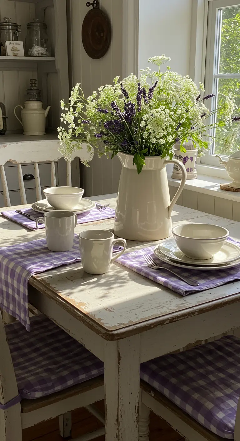 Sunlit kitchen table with lavender gingham placemats and a pitcher of wildflowers.